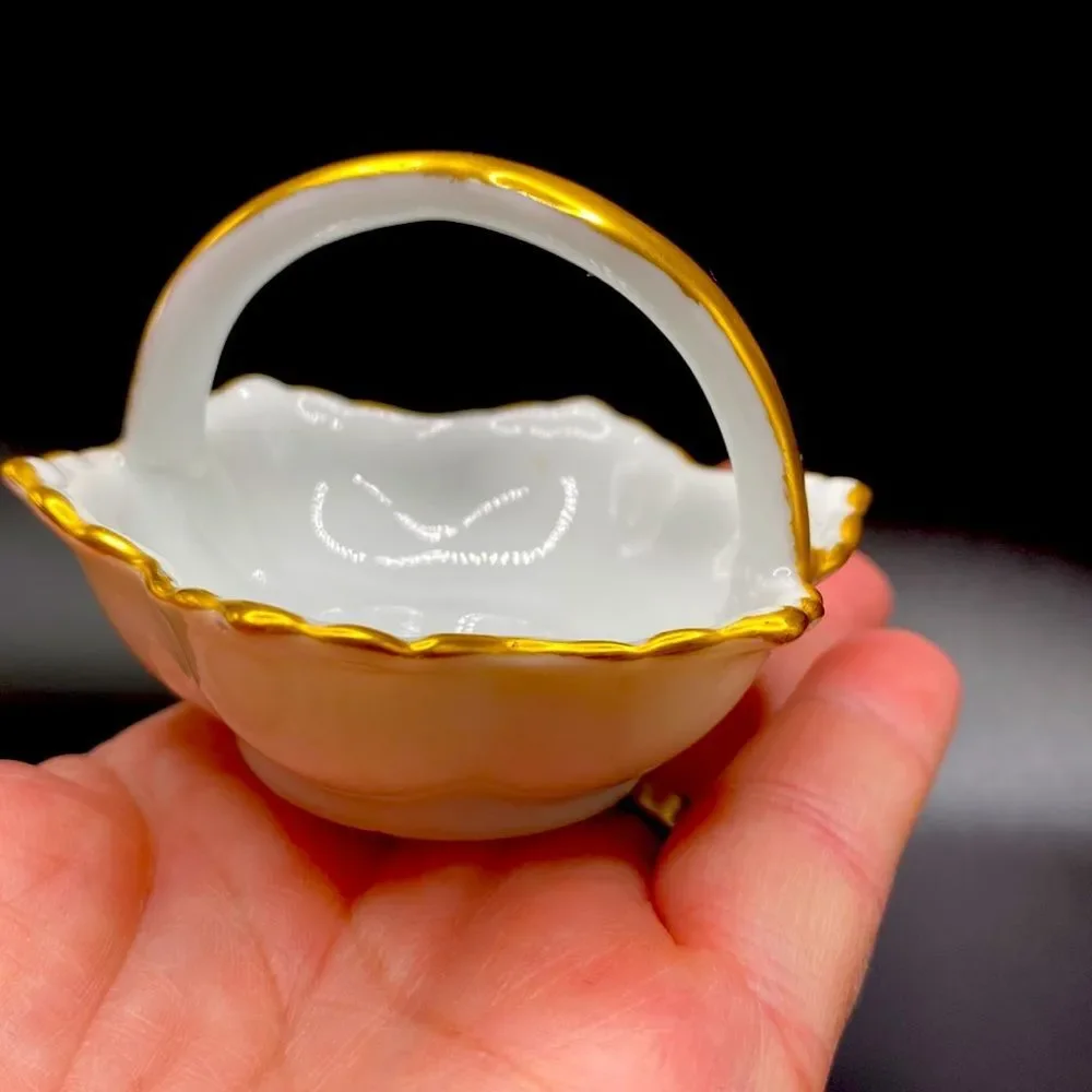 Adorable Vintage 50s Mini White with Gold Trim Porcelain Basket Ring Holder Mini